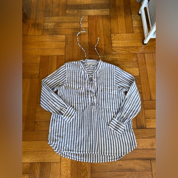 Madewell Tops - Madewell Striped Lace Up Blouse Womens Small Blue White Cotton Lightweight Top